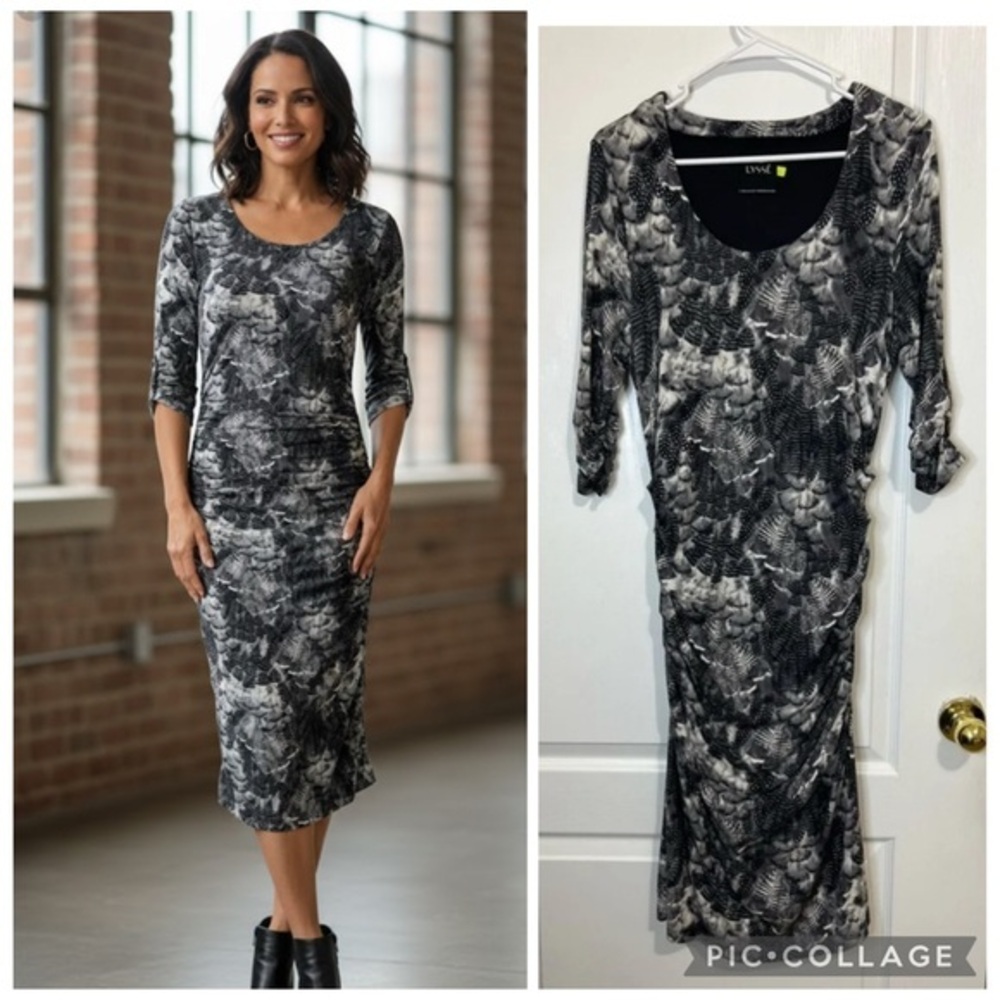 Lysse Scrunch Bodycon Gray Feather Print dress size L